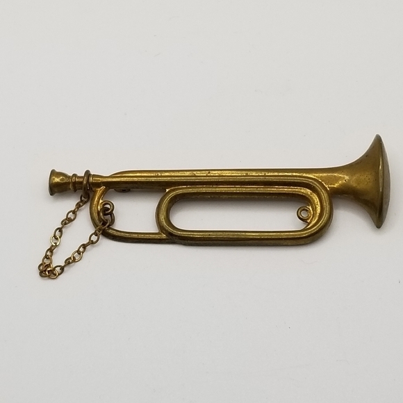 Vintage Antique Pin Brooch C Clasp Brass Bugle Musical Instrument Horn Lapel 3in - Picture 3 of 9